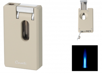 Caseti Zigarrenfeuerzeug Jet Flame beige matt mit Zigarrenabschneider Kerbschnitt und Bohrer 0,8mm 