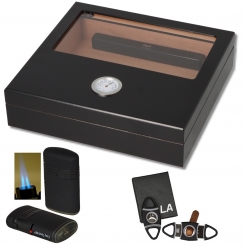Humidor - Geschenkset Sichtfenster Polymerbefeuchter, Cutter, Feuerzeug 