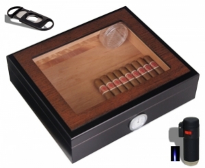 Kristallglas Humidorset Black-Wood Polymerbefeuchter 