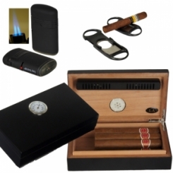 LA Humidor - Geschenkset Black Edition Polymerbefeuchter, Cutter, Feuerzeug 