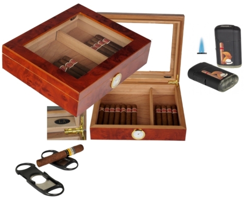 Artikelbild des Artikels “Humidorset LA Amboina Maser Finish Kristallglas V-240 Polymerbefeuchter “