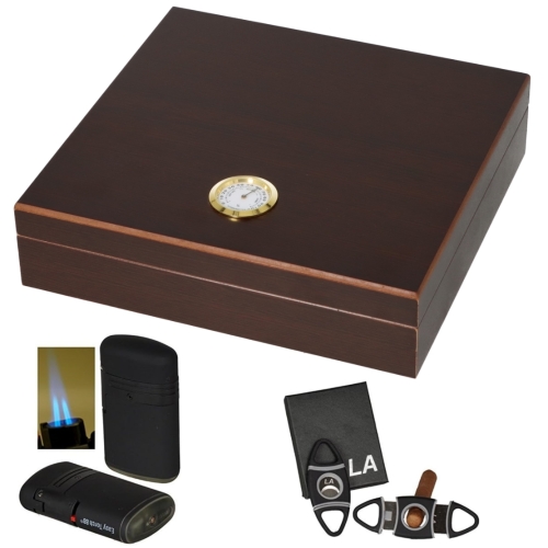 Artikelbild des Artikels “Humidor - Geschenkset Roosewood-Finish Außenhygrometer  Polymerbefeuchter, Cutter, Feuerzeug “
