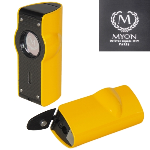 Artikelbild des Artikels “Myon Paris Zigarrenfeuerzeug Tischfeuerzeug 4-Jetflamm Sensor Bohrer Racing Edition gelb “