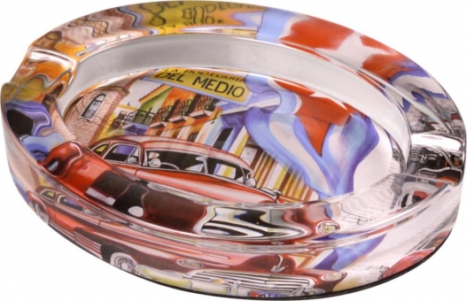 Cigarrenascher Kristallglas oval mit Cuba Design Auto 